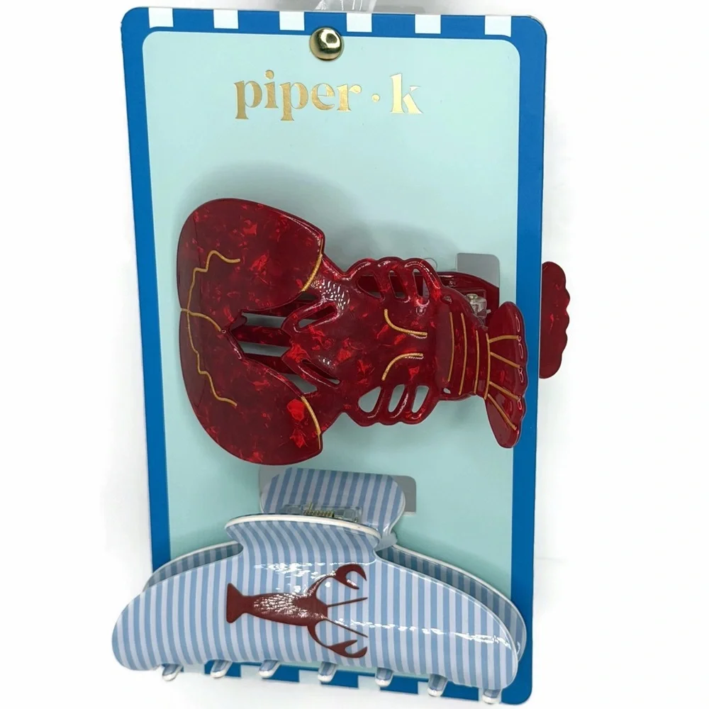 Piper K Red Lobster and Blue Striped Claw Hair Clip Set of 2